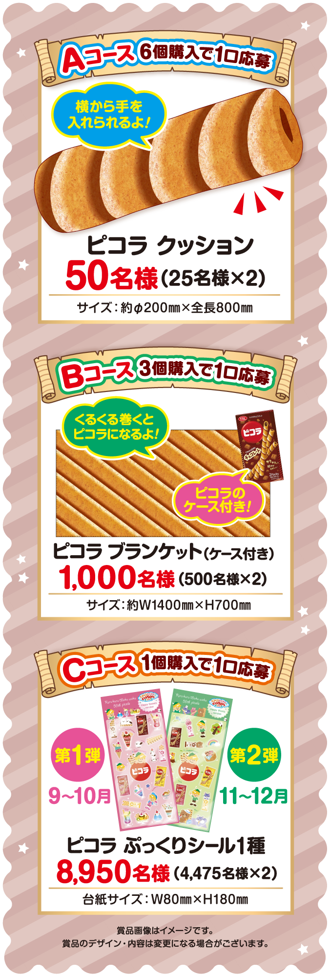 Aコース クッション　Bコース　ブランケット　Cコース　ぷっくりシール